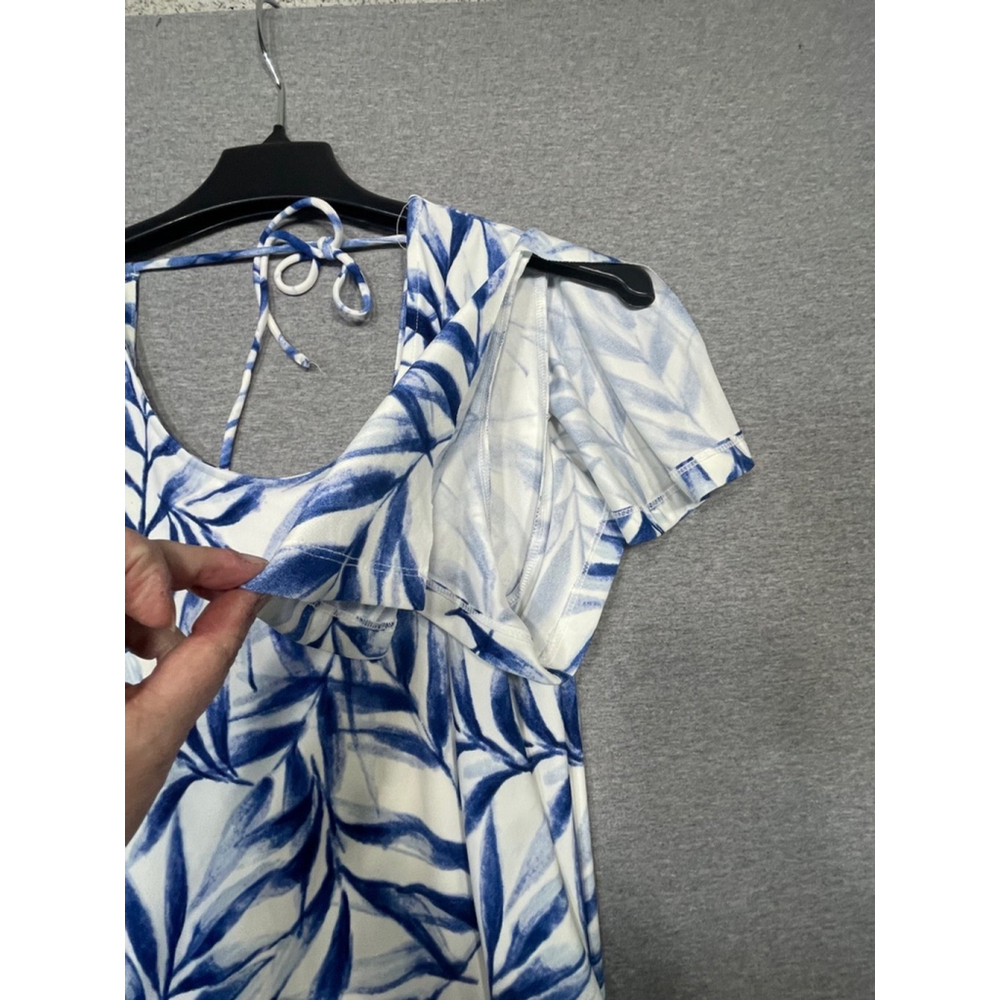 Women Mango Basics Dress XL White Blue Leaf Print - Picture 2 of 6